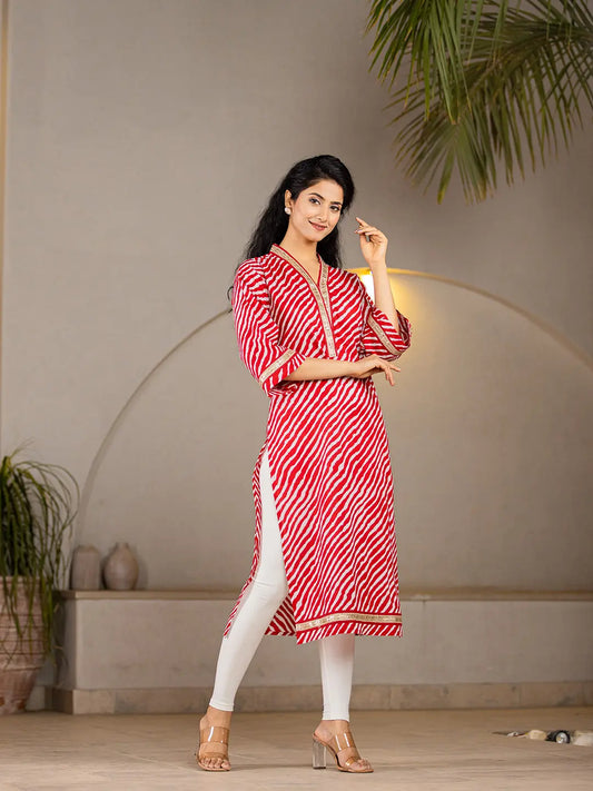 Yufta Cotton Red Leheriya Kurta