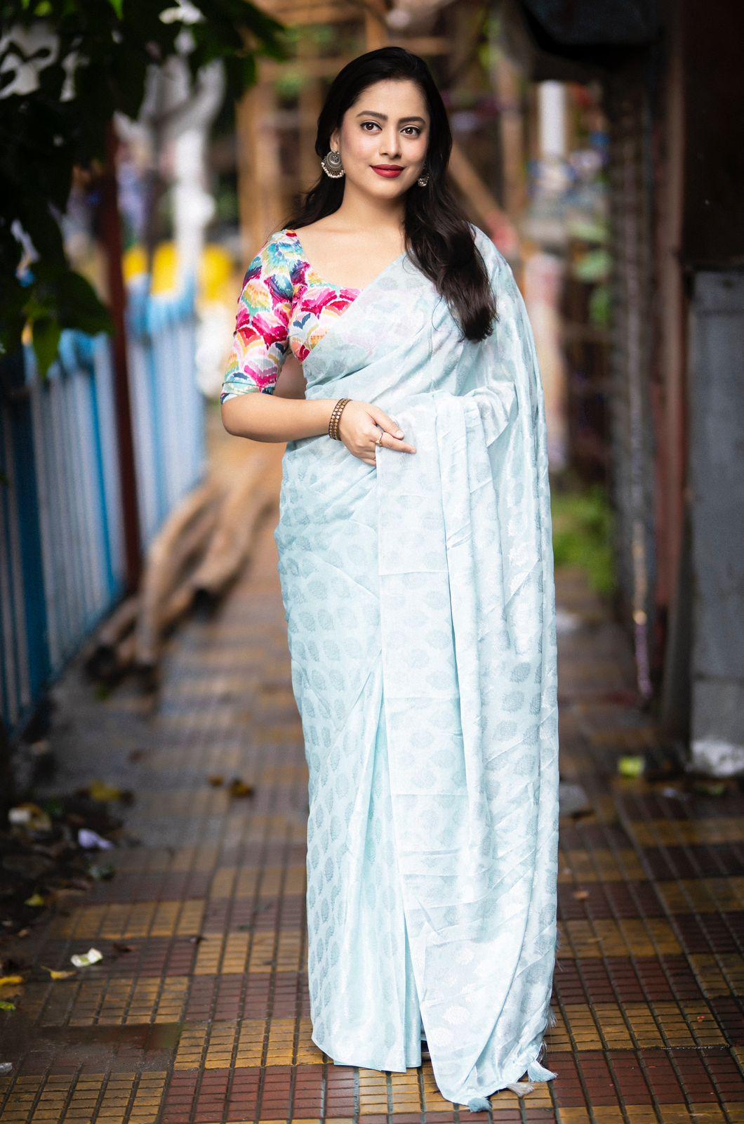 Blue Poly Crepe Ethnic Motifs Saree with Unstitched Blouse - A2M