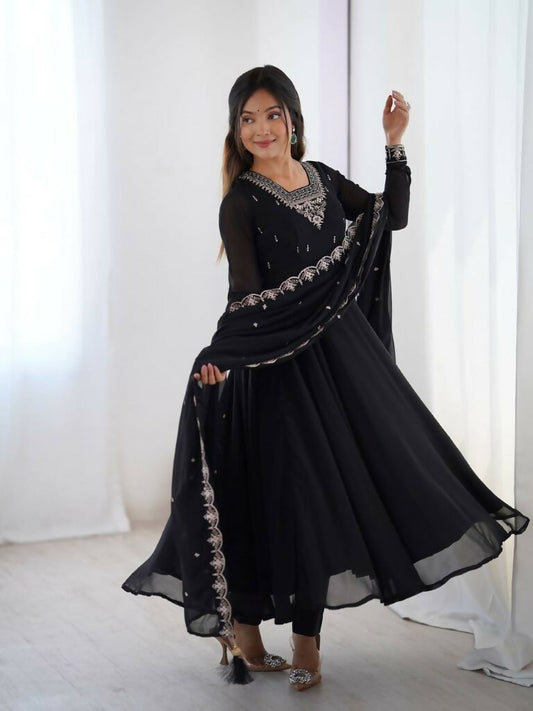 Teeya Creation Black Color Pure Soft Georgette Embroidery Work Gown