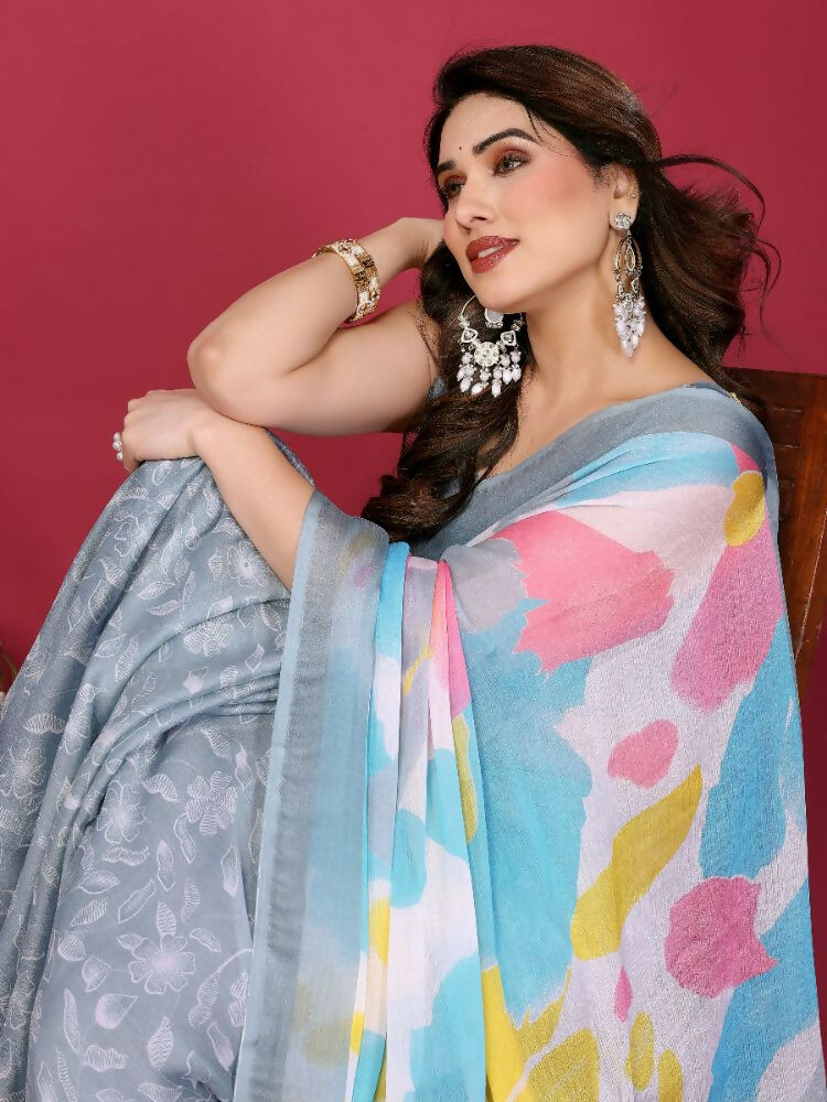 PR Fashion Grey Moss Chiffon Printed Saree