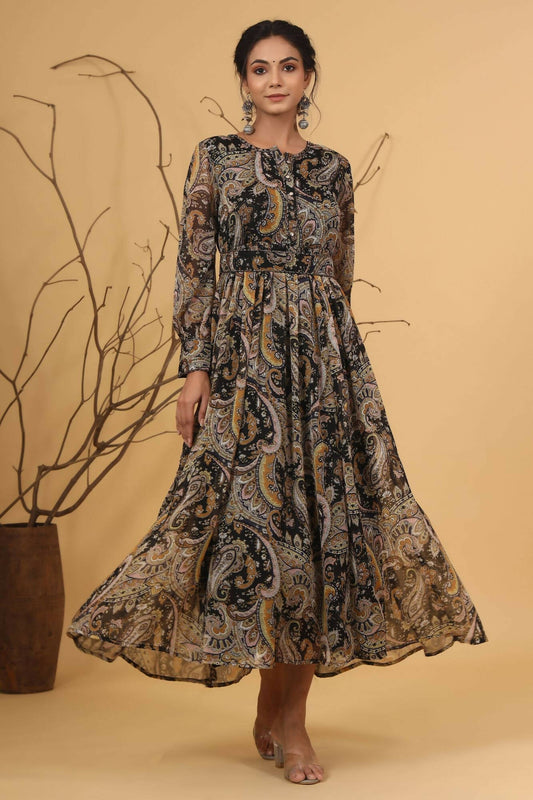 Juniper Women Black Chiffon Printed Flared Dress - Grab2buy