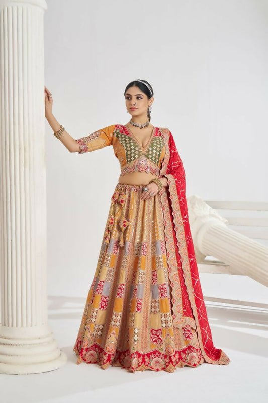 Kesar Fab Mustard Silk Embroidered Lehenga