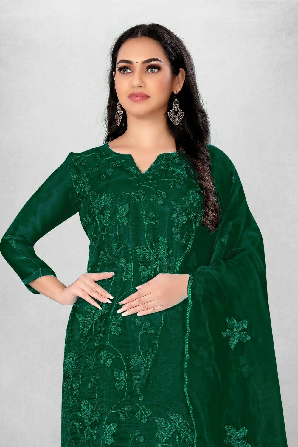 Dark Green Heavy Organza Silk Embroidered Unstitched Dress Material - Amara