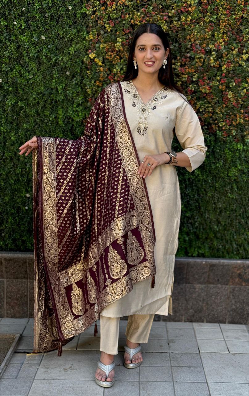 Lorenvalley Fashion Cream Roman Silk Hand Work Kurta Pant with Dupatta 