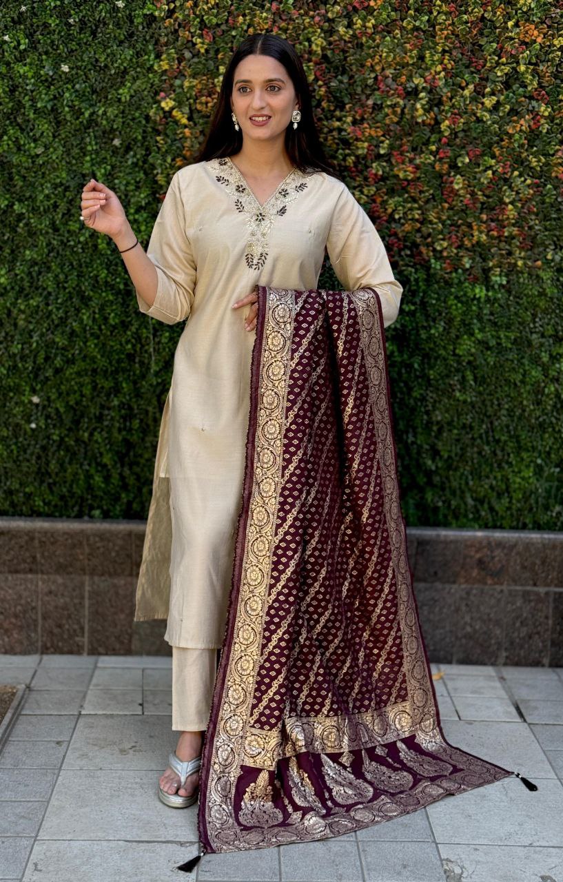 Lorenvalley Fashion Cream Roman Silk Hand Work Kurta Pant with Dupatta 