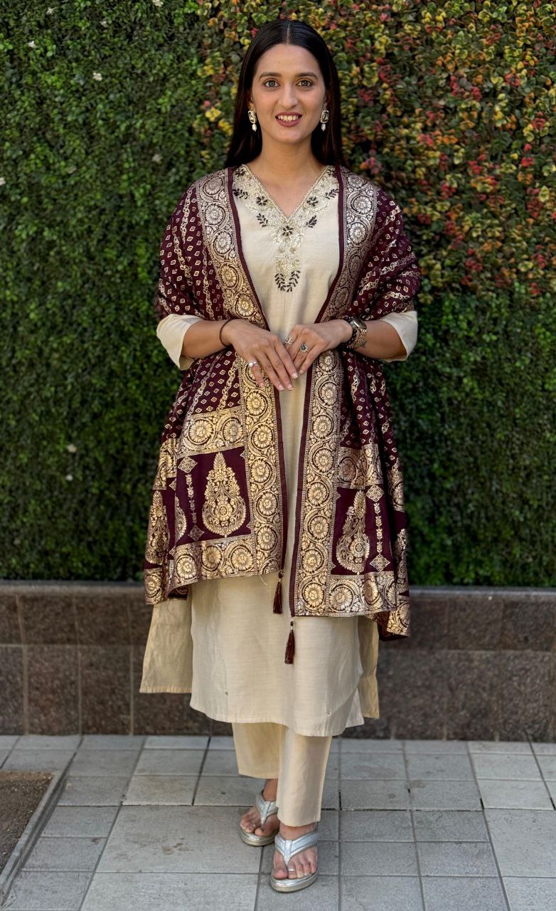Lorenvalley Fashion Cream Roman Silk Hand Work Kurta Pant with Dupatta 