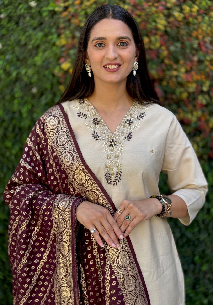 Lorenvalley Fashion Cream Roman Silk Hand Work Kurta Pant with Dupatta 