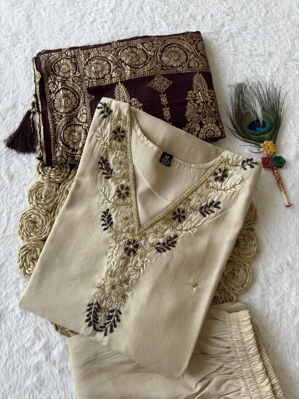 Lorenvalley Fashion Cream Roman Silk Hand Work Kurta Pant with Dupatta 