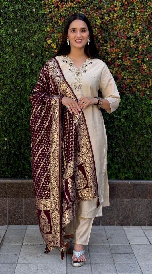 Lorenvalley Fashion Cream Roman Silk Hand Work Kurta Pant with Dupatta 