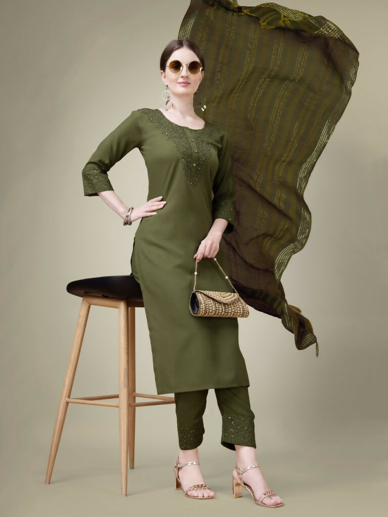 Jyoti Fashion Women's Mehendi Cotton Blend Embroidery & Sequence work Kurta with Trouser & Dupatta