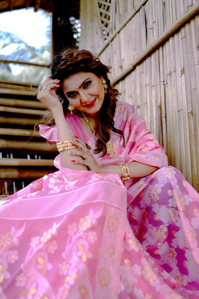 Partywear Designer Pink Jamdani contton Fancy Saree - Starwalk
