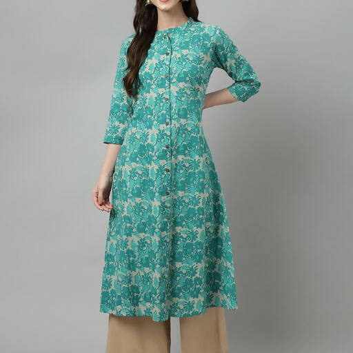 FIORRA Women's Floral Printed Teal Green Pure Cotton Straight Kurta 