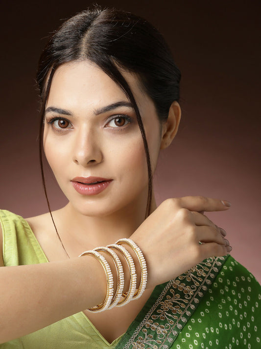NVR Women's Set of 4 Gold-Plated Pearl Handcrafted Traditional Bangles - Grab2buy