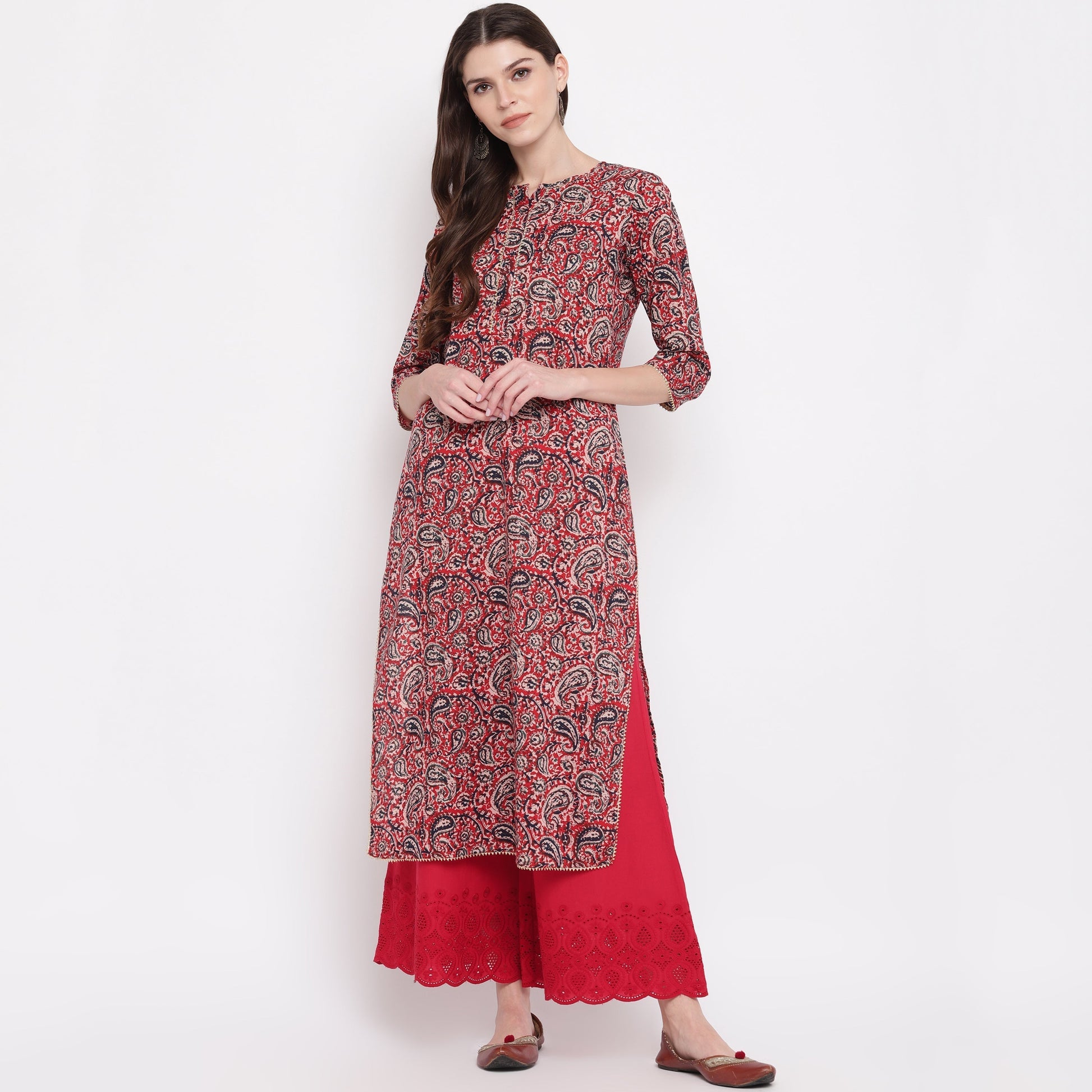 NOZ2TOZ Women's Red Kalamkari Print Cotton Kurta- (1pc set) 