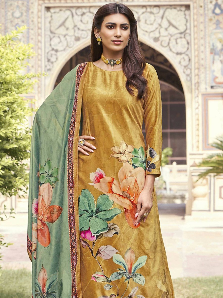 Aastha Fashion Women's Mustard Velvet Floral Digital Printed Kurta with Trouser & Dupatta - Grab2buy