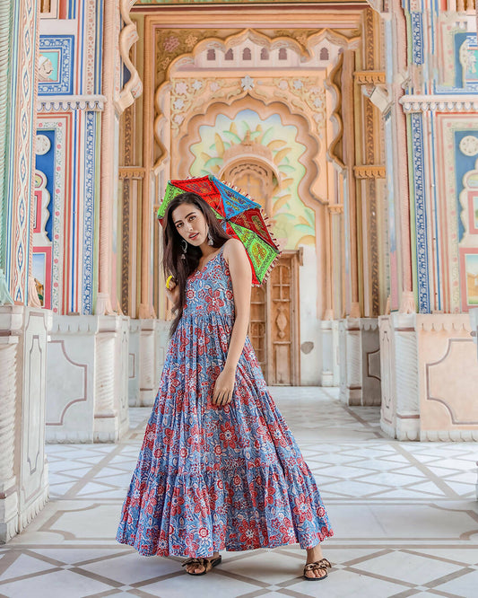 Designer Partywear Printed Blue Pure Maslin Gown - Anbazaar - Grab2buy