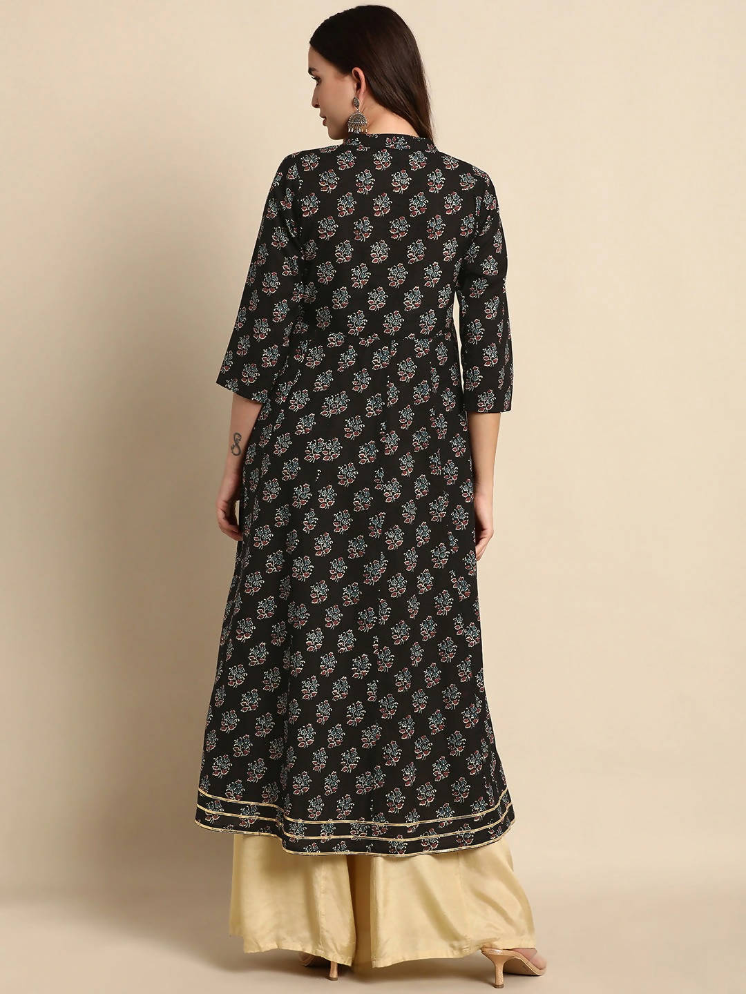 Janasya Women Black Ethnic Motif Printed Gotta Patti Anarkali Kurta