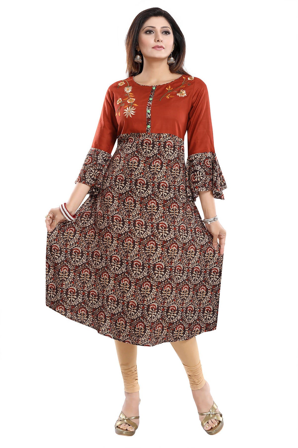 Snehal Creations Rust Rayon Printed Flared Long Tunic