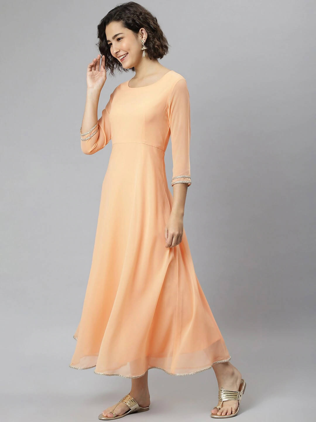 Janasya Women Peach-Coloured Flared Sleeves Georgette Anarkali Kurta
