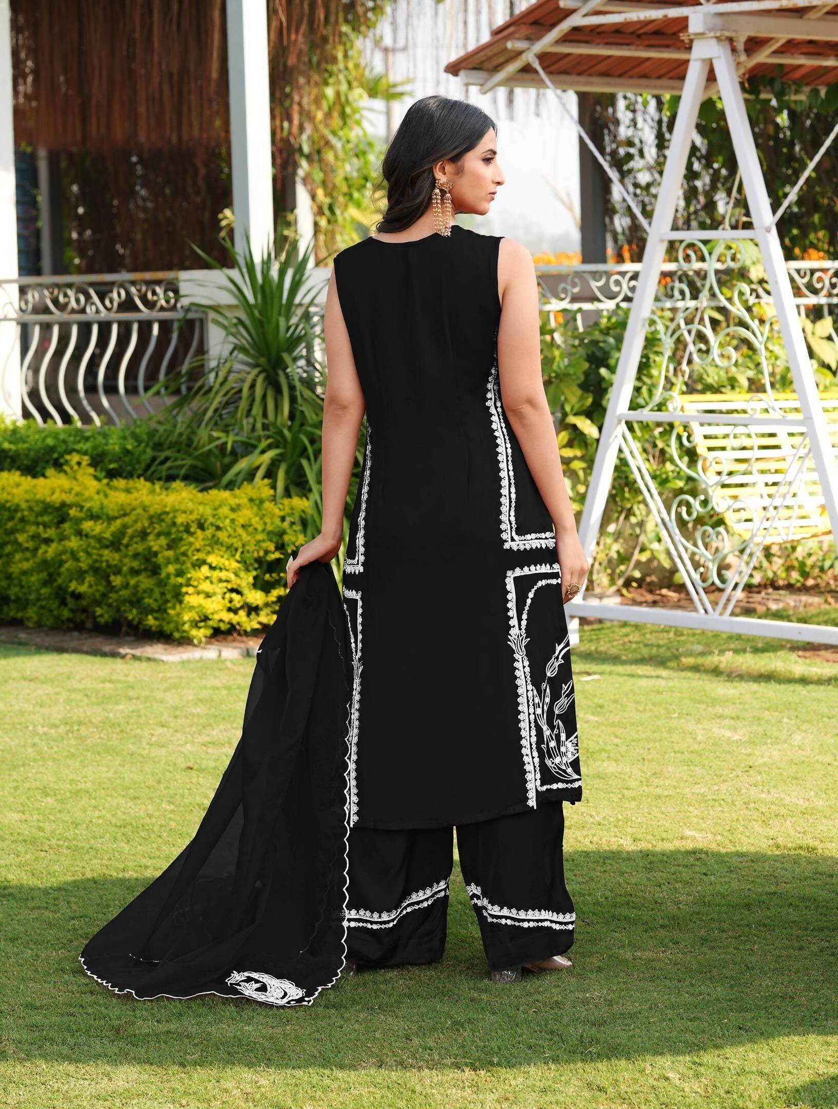 Nikhaar Black Embroidered Modal Silk Stitched Straight Cut Kurta Culottes Dupatta Readymade Suit