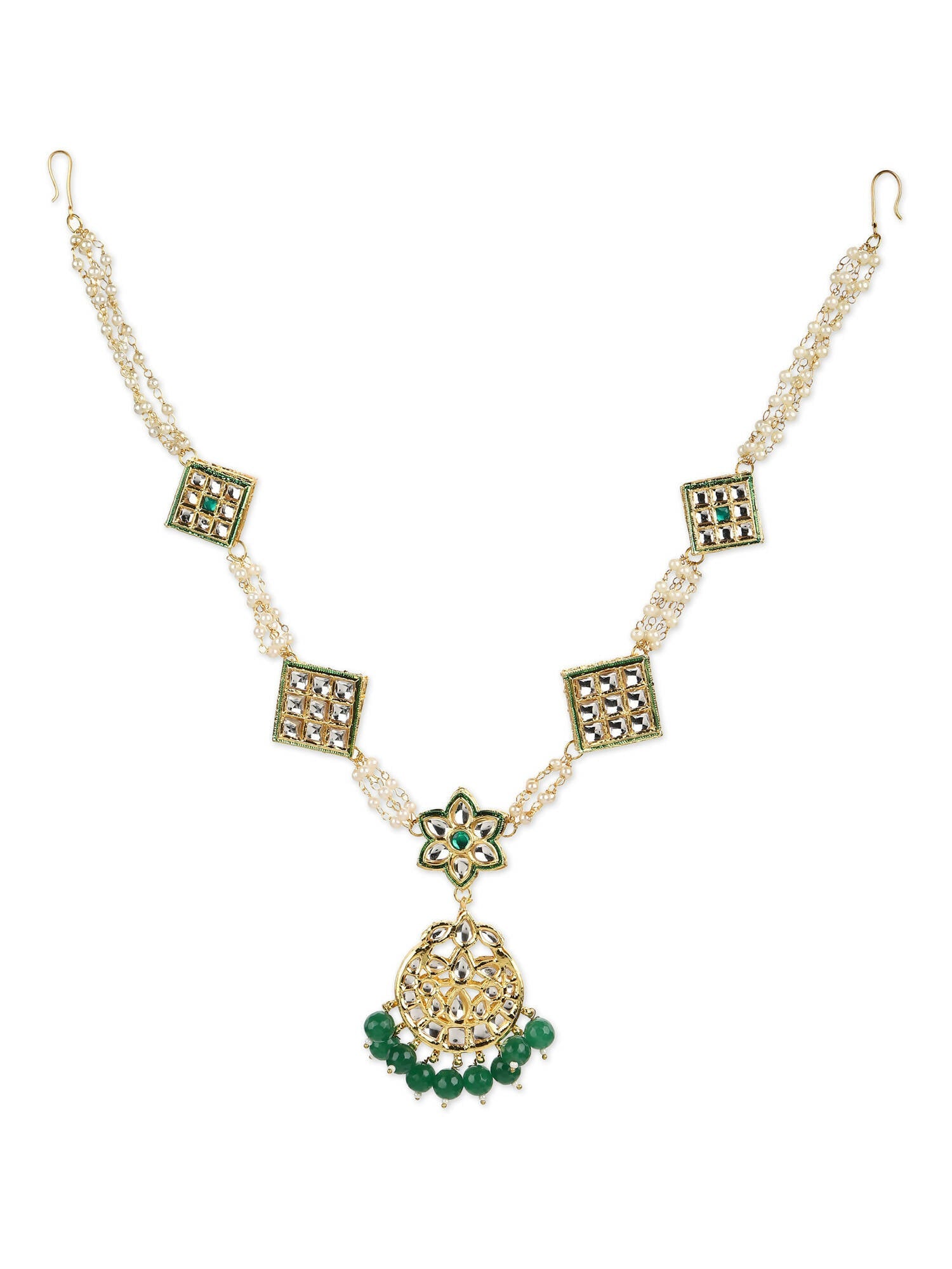 Gold-Plated White Green Kundan-Studded Pearl Beaded Matha Patti - Ruby Raang - Grab2buy