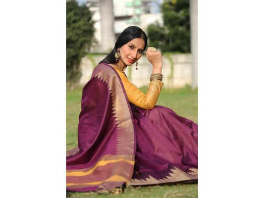 Aastha Fashion Women's Wine Raw Silk Temple Zari Woven Saree with Blouse - Grab2buy