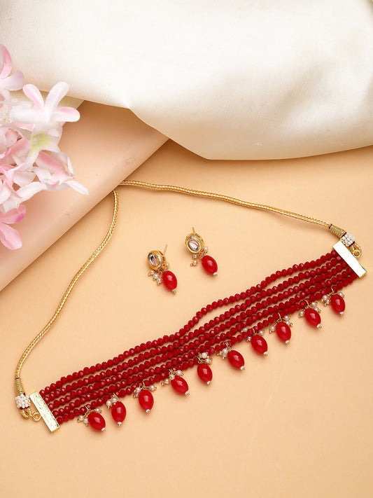 NVR Women's Red Artificial Beads Layered Necklace with Drop Earring