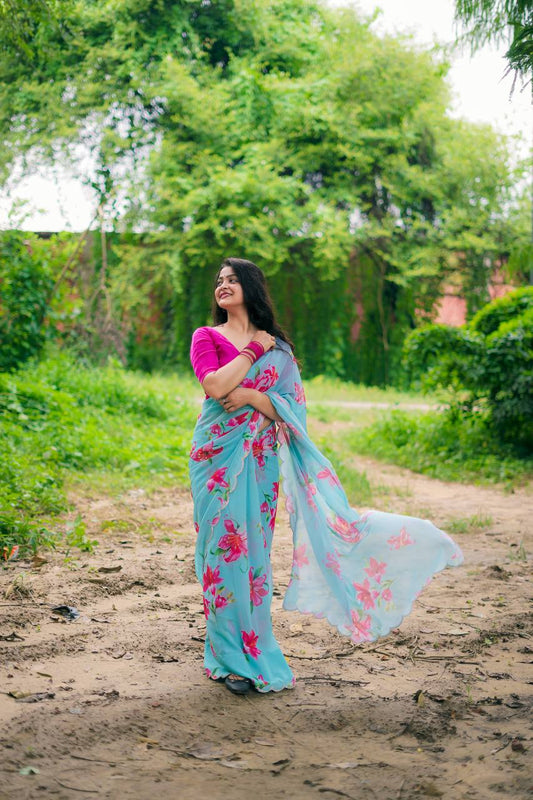 Teeya Creation Sky Blue Color Faux Georgette Digital Print Saree
