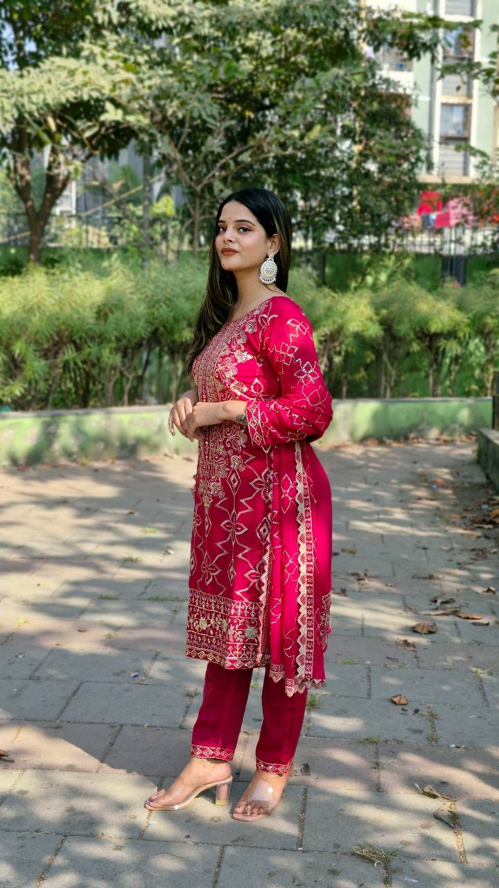 Teeya Creation Rani Color Faux Georgette Heavy Embroidery Work Fully Stitched Salwar Suit