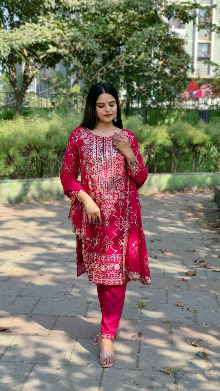 Teeya Creation Rani Color Faux Georgette Heavy Embroidery Work Fully Stitched Salwar Suit