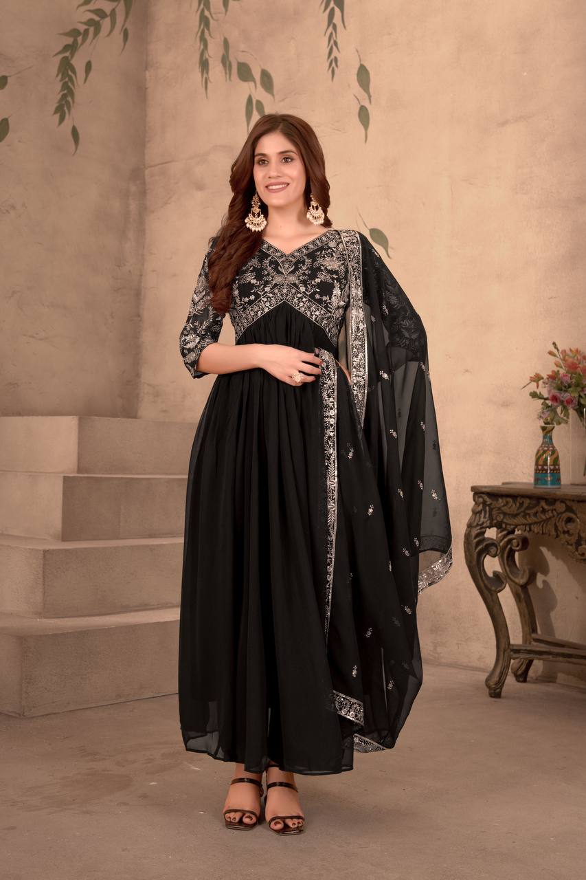 Teeya Creation Black Color Faux Georgette Embroidery Work Fully Stitched Gown