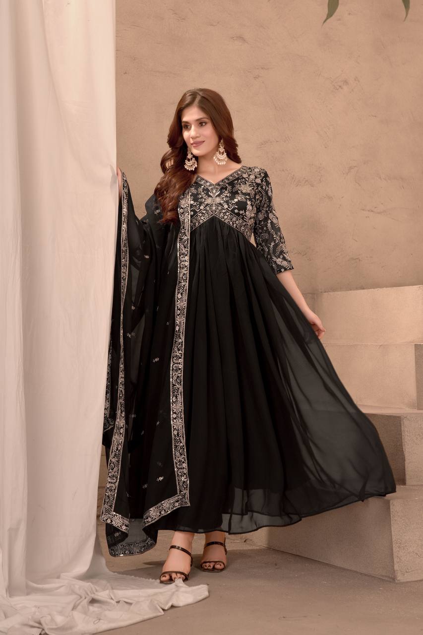 Teeya Creation Black Color Faux Georgette Embroidery Work Fully Stitched Gown
