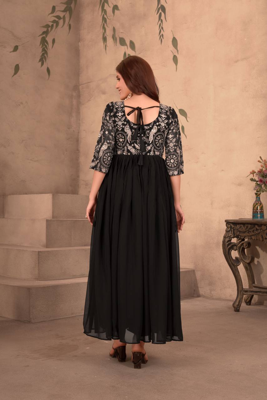 Teeya Creation Black Color Faux Georgette Embroidery Work Fully Stitched Gown