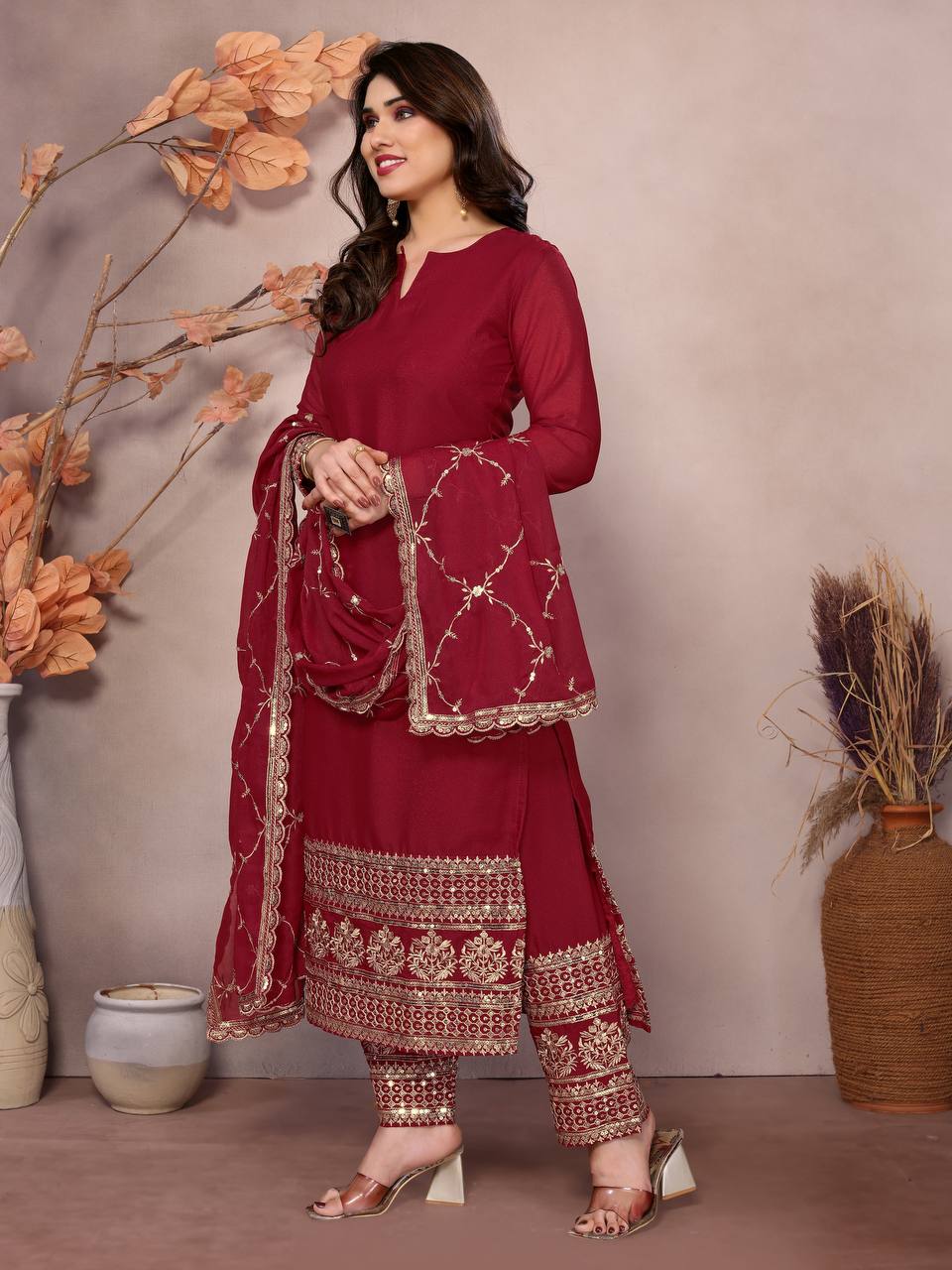 Teeya Creation Maroon Color Faux Georgette Embroidery Work Fully Stitched Salwar Suit
