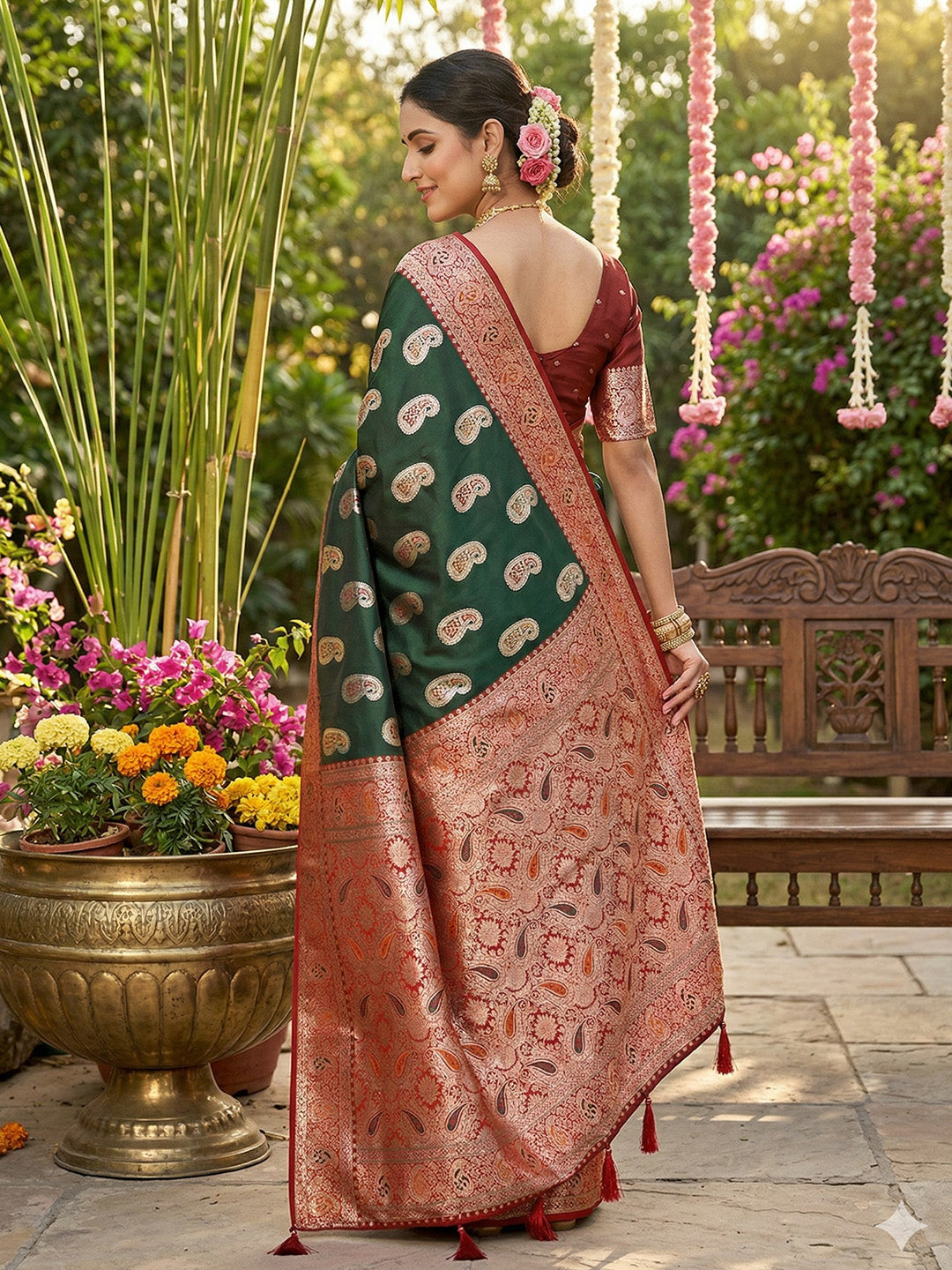 Anaita D Green Silk Blend Woven Saree With Blouse