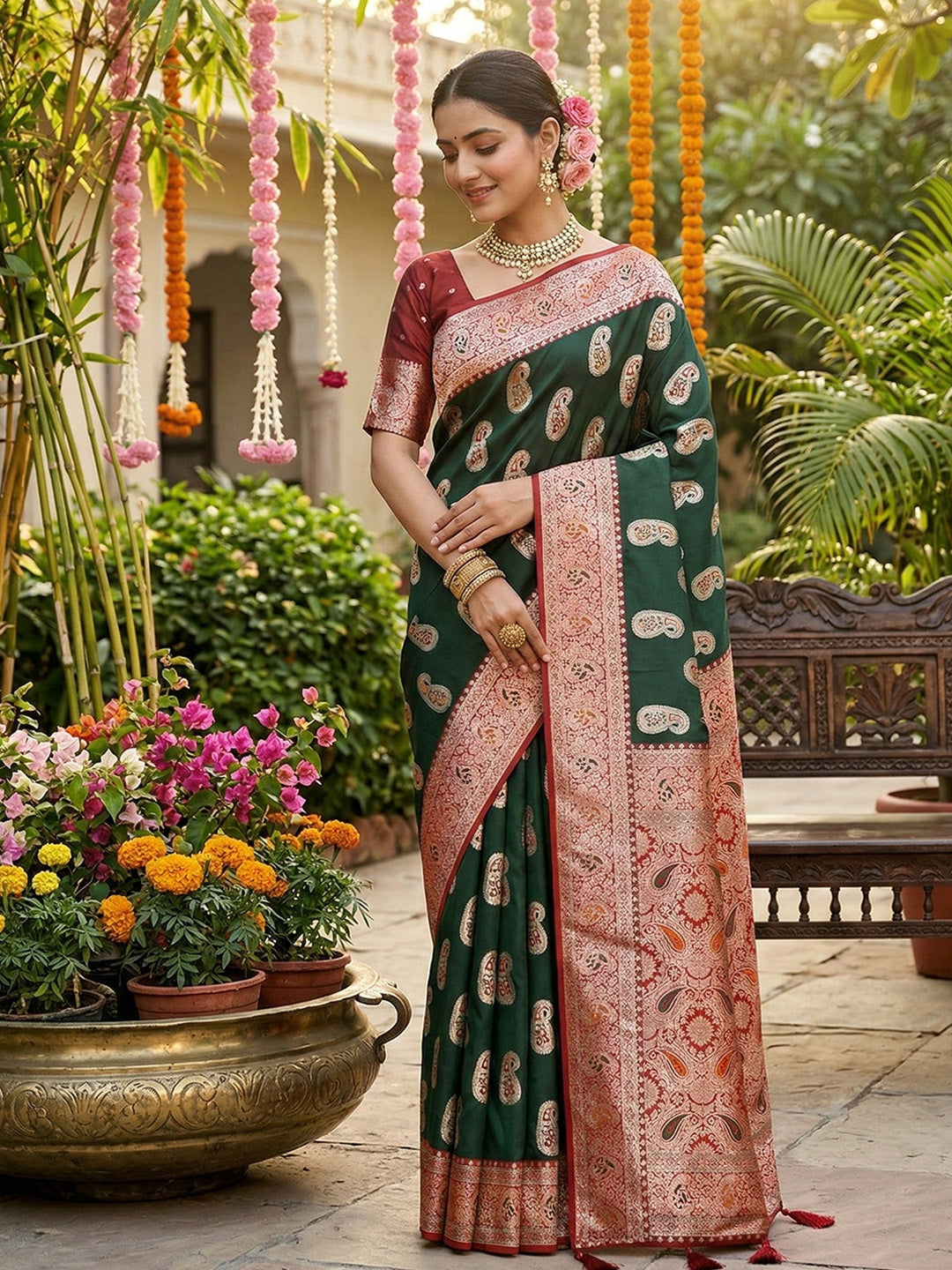 Anaita D Green Silk Blend Woven Saree With Blouse