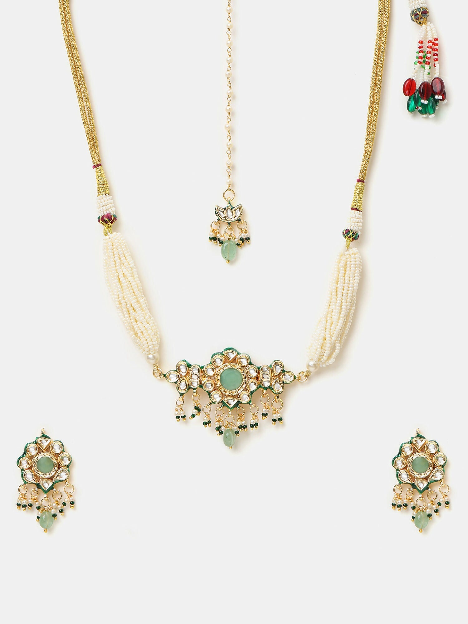 Ruby Raang Green-Gold Kundan Neck Piece With Matching Earrings And Maang Tikka