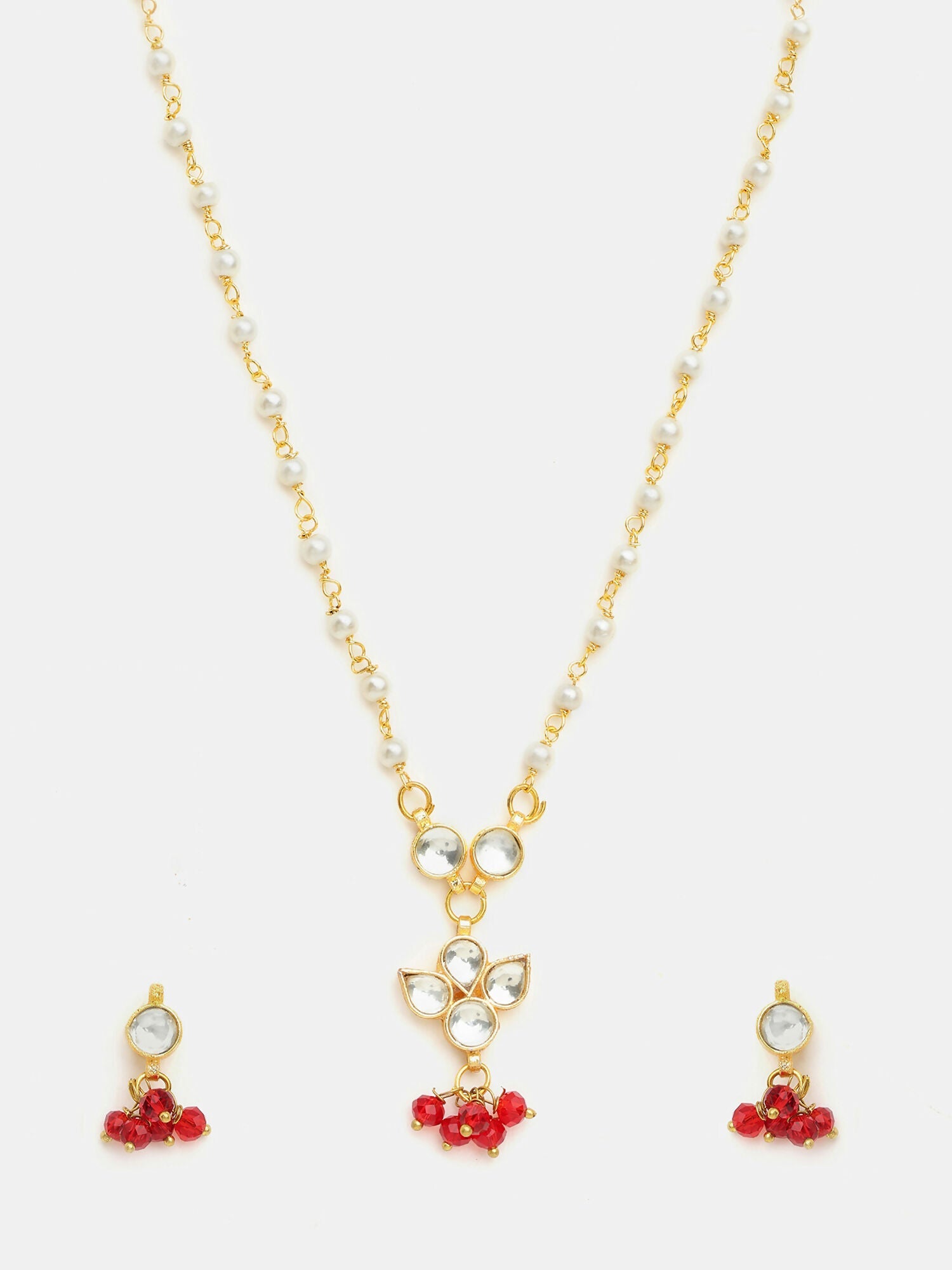 Ruby Raang Kundan Studded And Pearl Beaded Jewellery Set