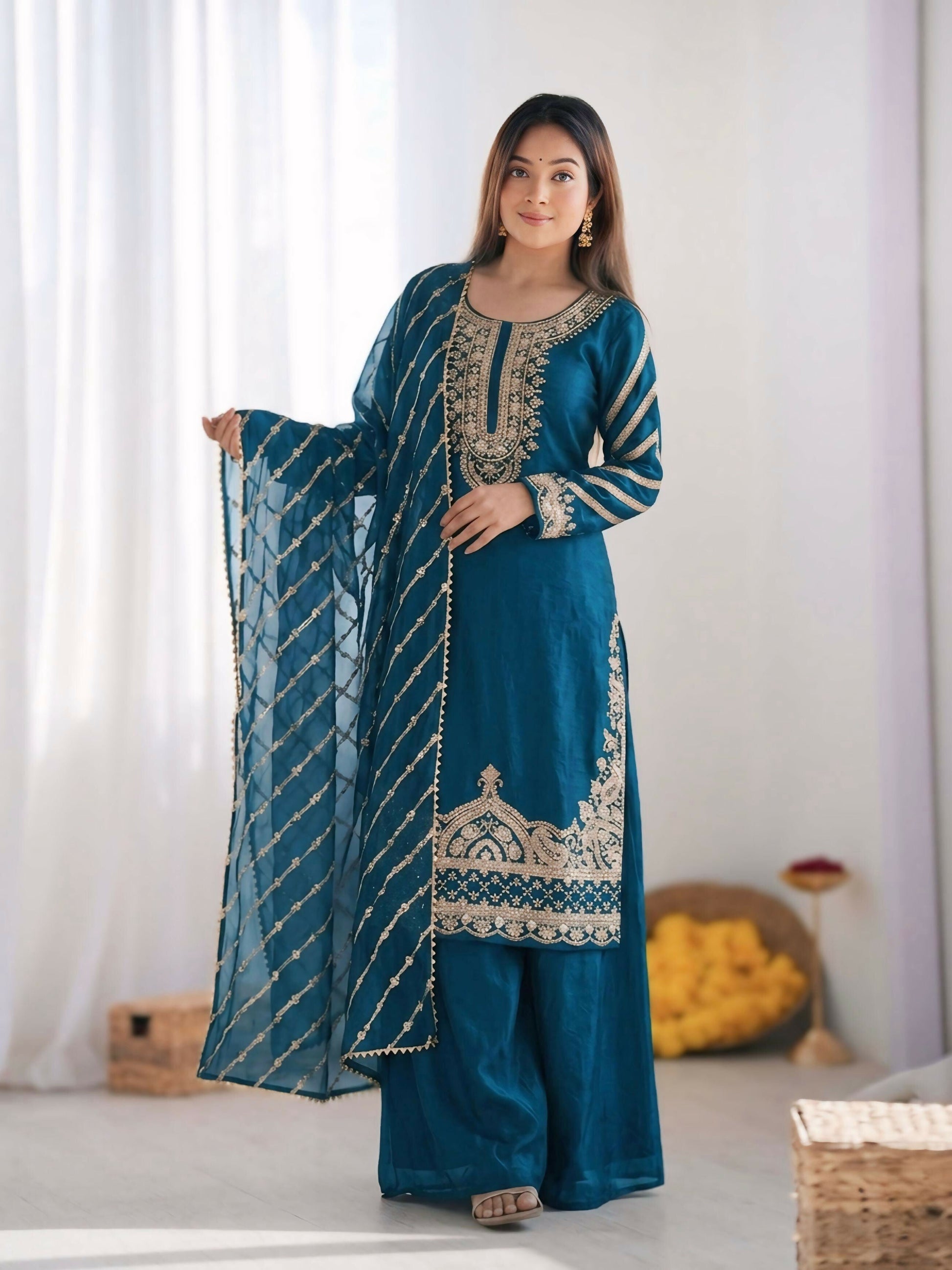 Teeya Creation New latest Trendy Embroidery Beads Work Kurta Sharara Set - Blue