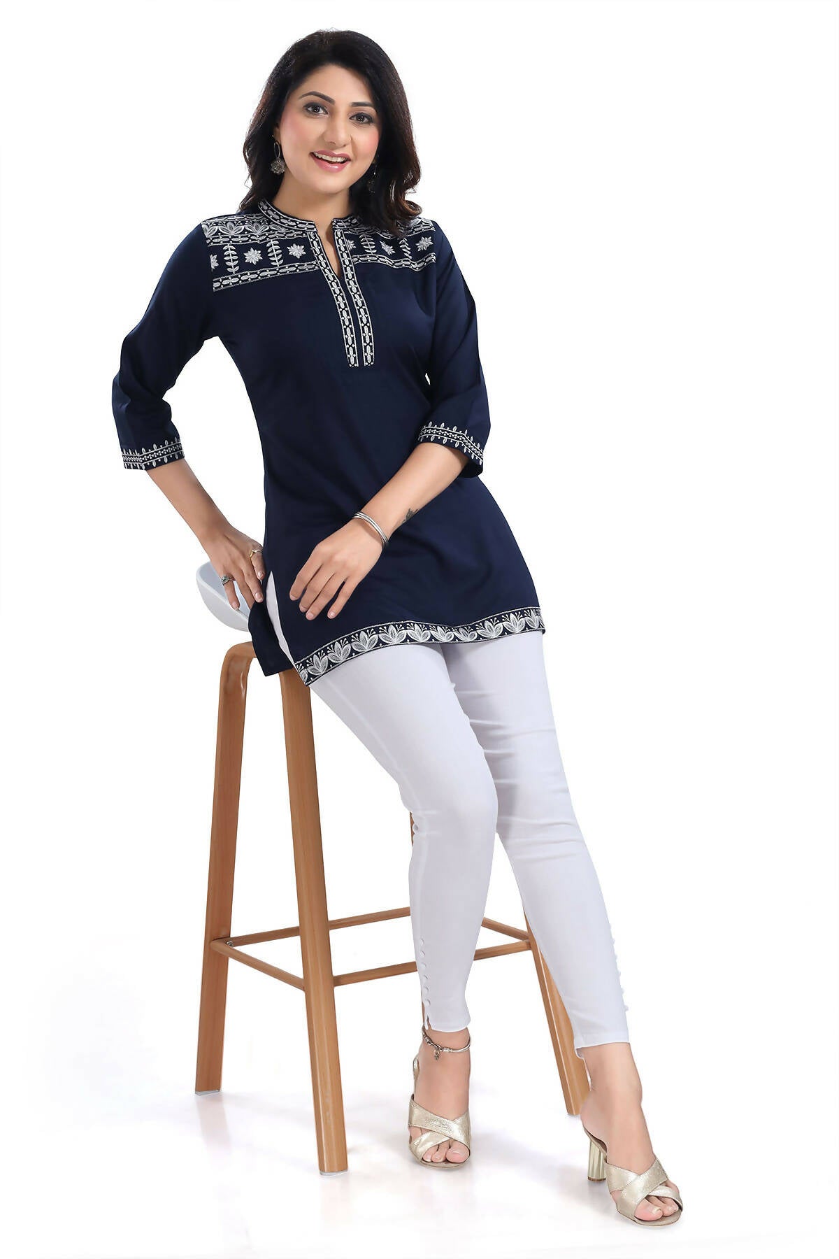 Snehal Creations Novel Navy Blue Women Embroidered Boho Chic Tunic Top