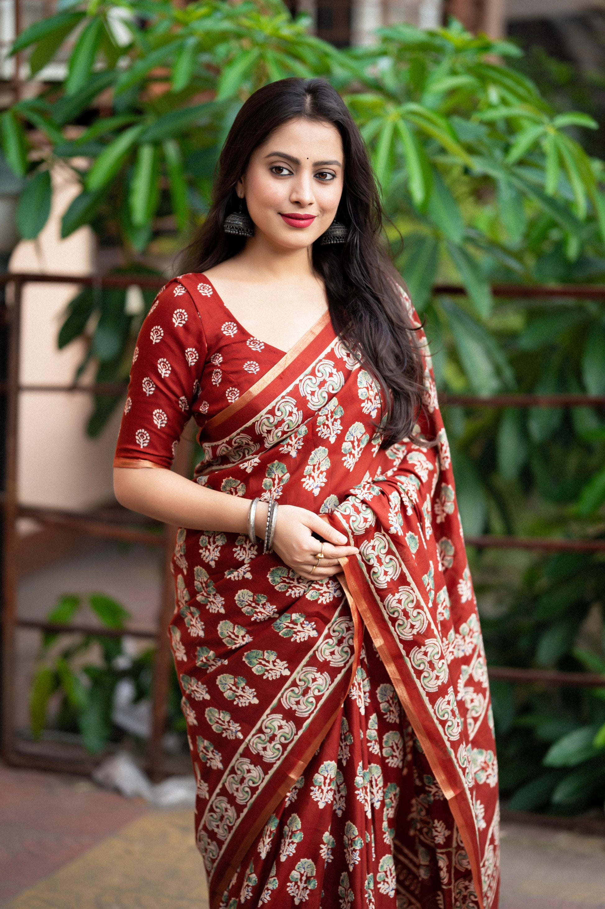 Red Cotton Blend Ajrak Saree with Unstitched Blouse - A2M