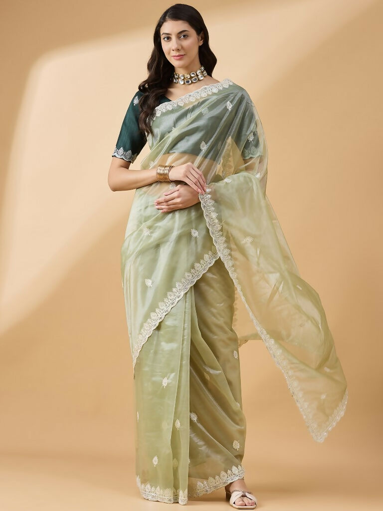Green Organza Sequence Embroidered Saree with Unstitched Blouse - Satya