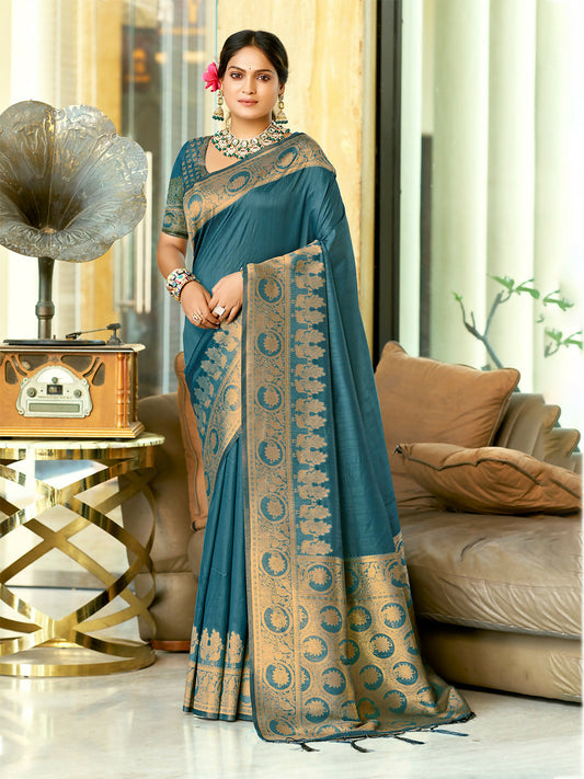 Sangam Prints Ocean Blue Assam Silk Woven Work Traditional Saree
