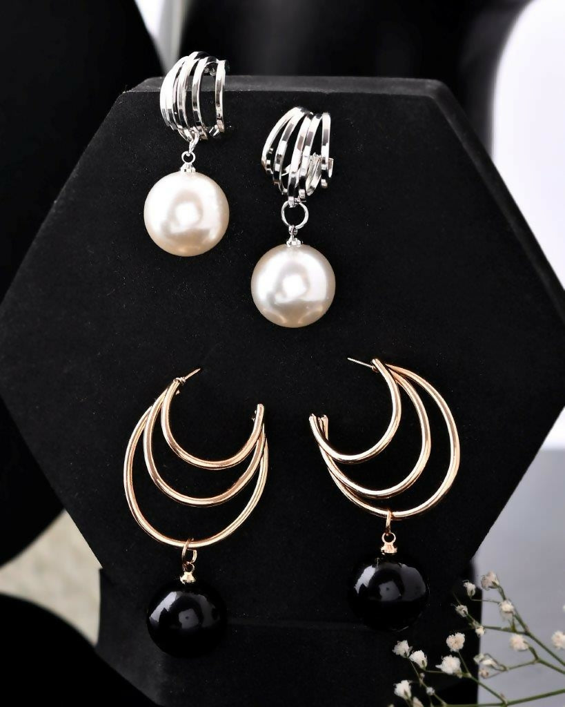 VOJ Set Of 2 Korean Drop Earrings - Gold Plated With Black Pearl and Silver Plated With White Pearl Earrings - Grab2buy