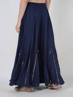 Mominos Fashion Navy Blue Viscose Rayon Flared Palazzo with Mirror Lace Work - Grab2buy