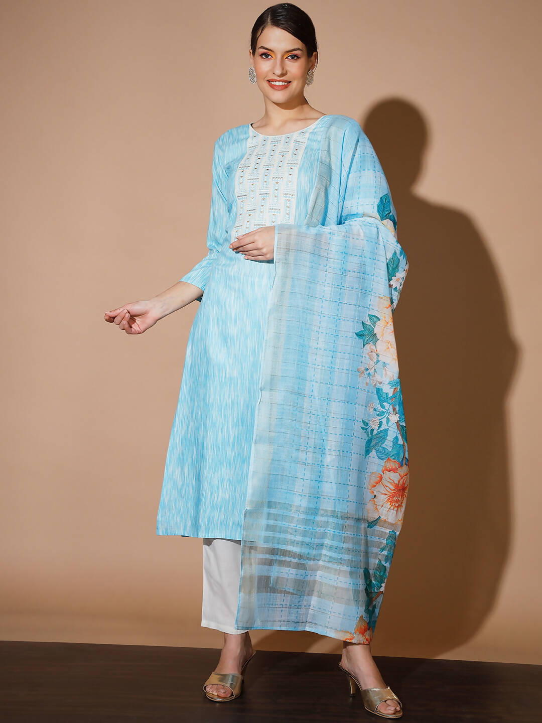 Myshka Women Blue Printed Kurta & Trousers With Dupatta