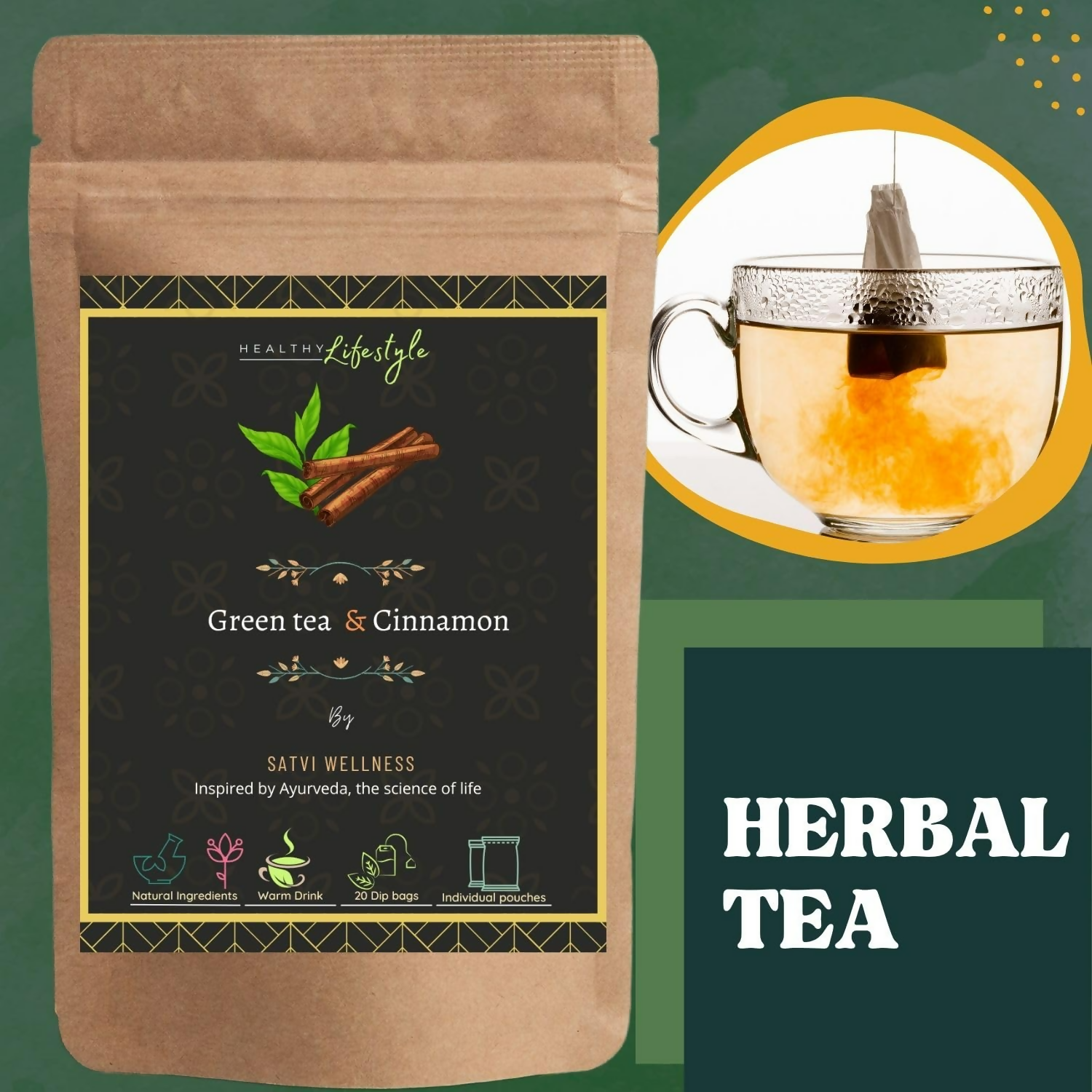 Satvi Wellness Blend Of Green Tea And Cinnamon Tea Bags 