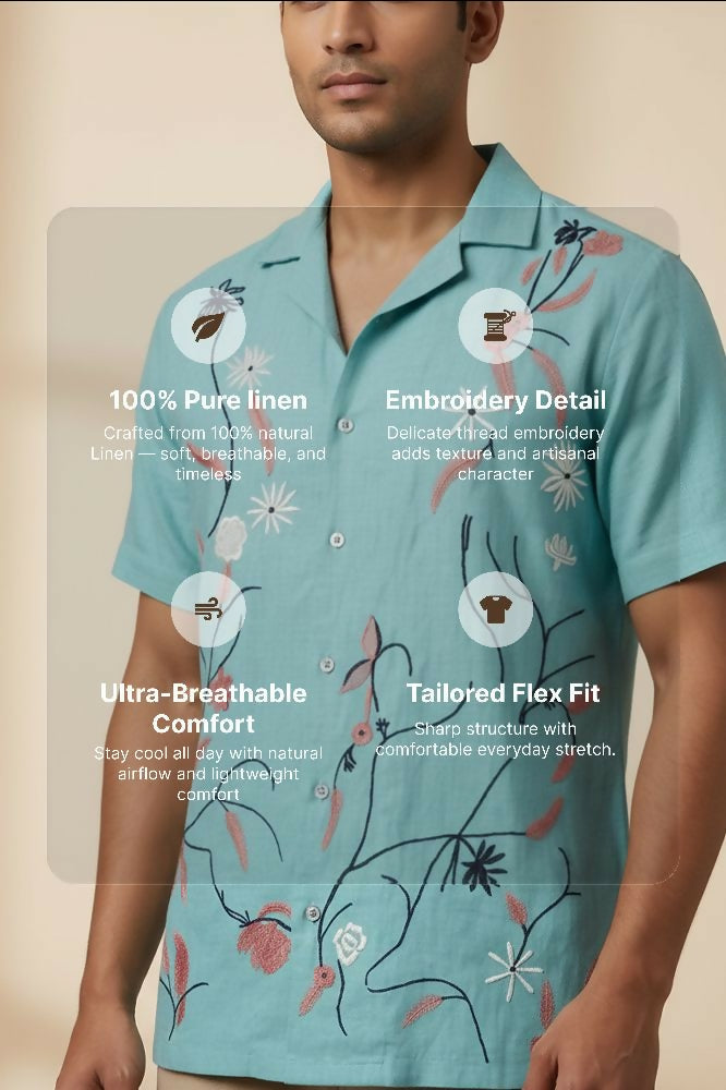 Serene — Aqua Embroidered Linen Shirt by Hilo Design