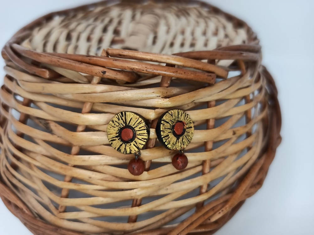 Terracotta Button Tops Ear Studs With Drops