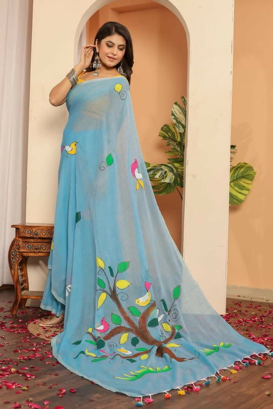 Exclusive Collection Beautiful Light Sky Pure Cotton Hand Print Handloom Grab2Buy With Running Blouse Piece 